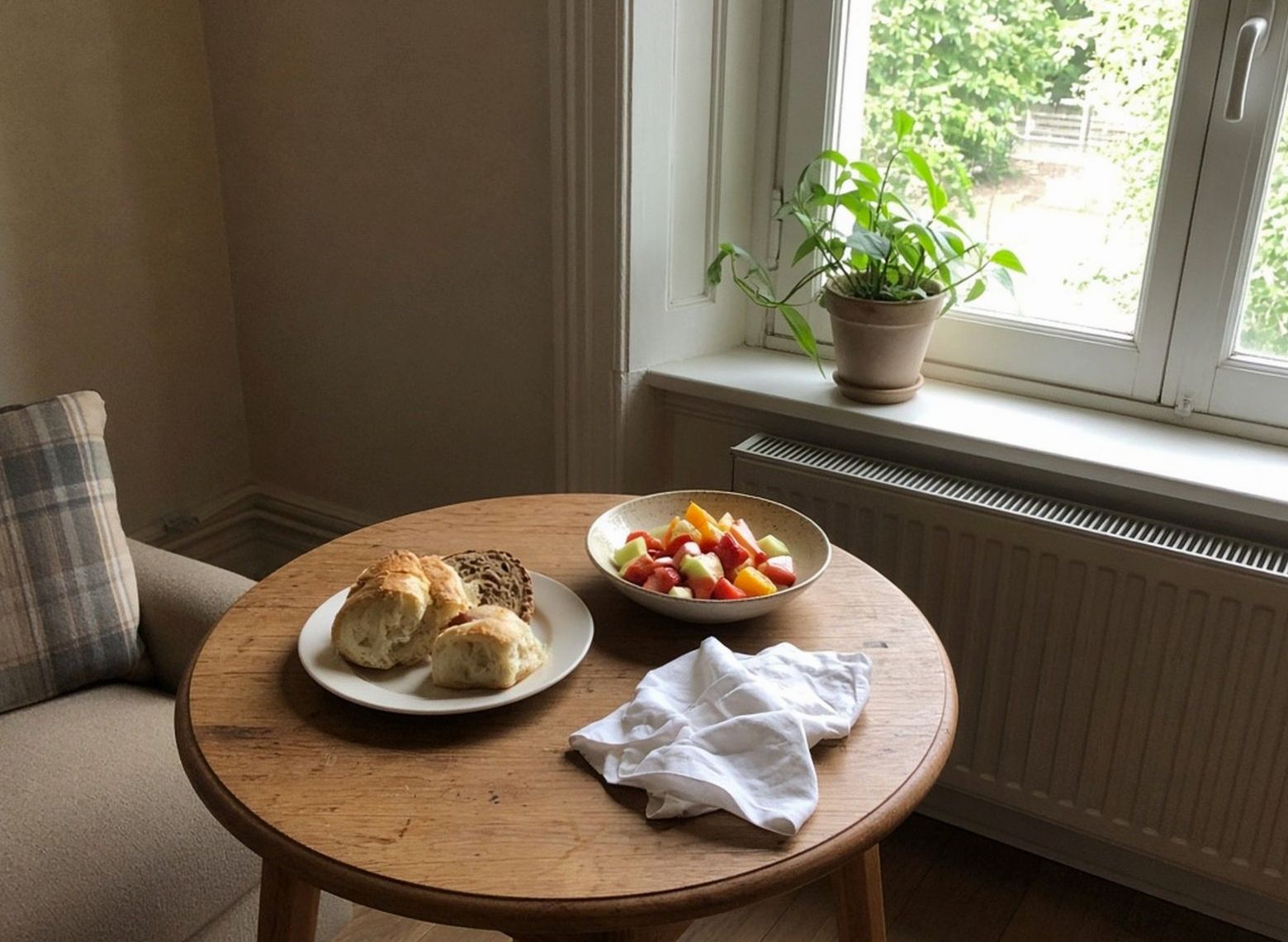 Table ronde, baguette, salade de fruits, serviette froissée près de la fenêtre